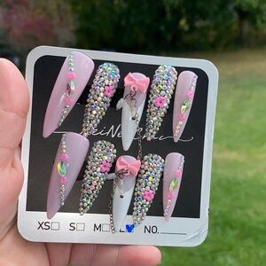 Pink and White Rhinestone Press-On Nails